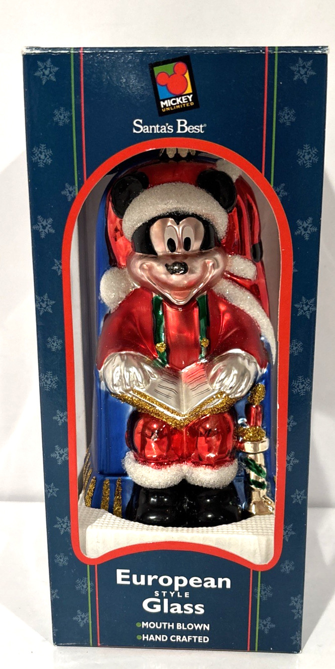 Vintage Disney Mickey Mouse European Glass Santa's Best Christmas Ornament 1998